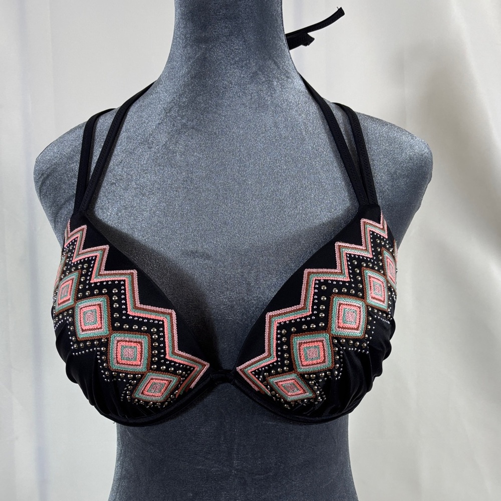 Shade & Shore Black Swim Top with Pink and Teal Embroidery & Stud Accents